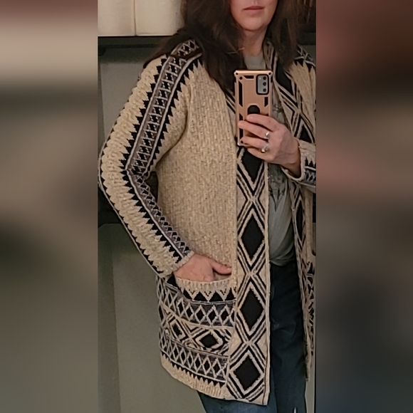 Lucky Brand Aztec boho tribal print open front cardigan, sz LG/XL *pockets! - Picture 3 of 8